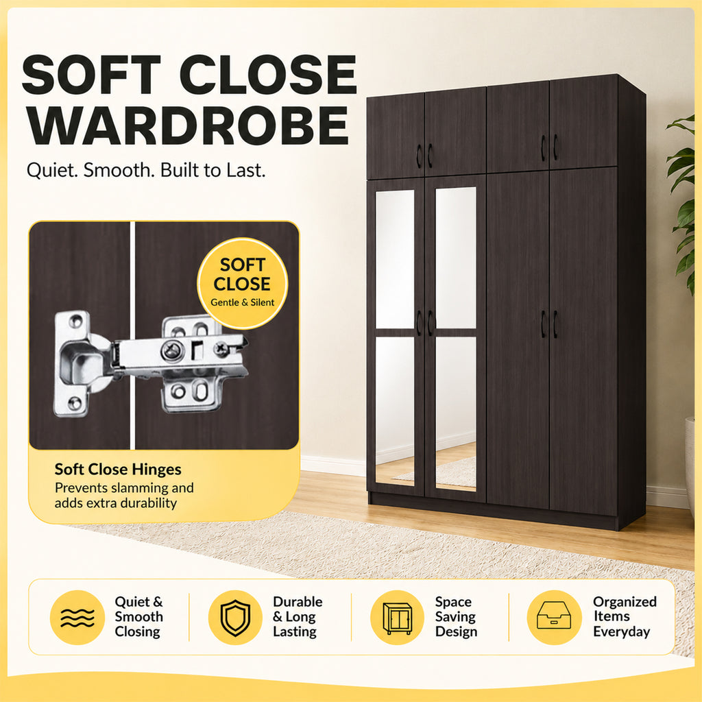 Merel 4-Doors Wardrobe CARB-P2 Certified Board with Internal Drawers and Top Cabinet