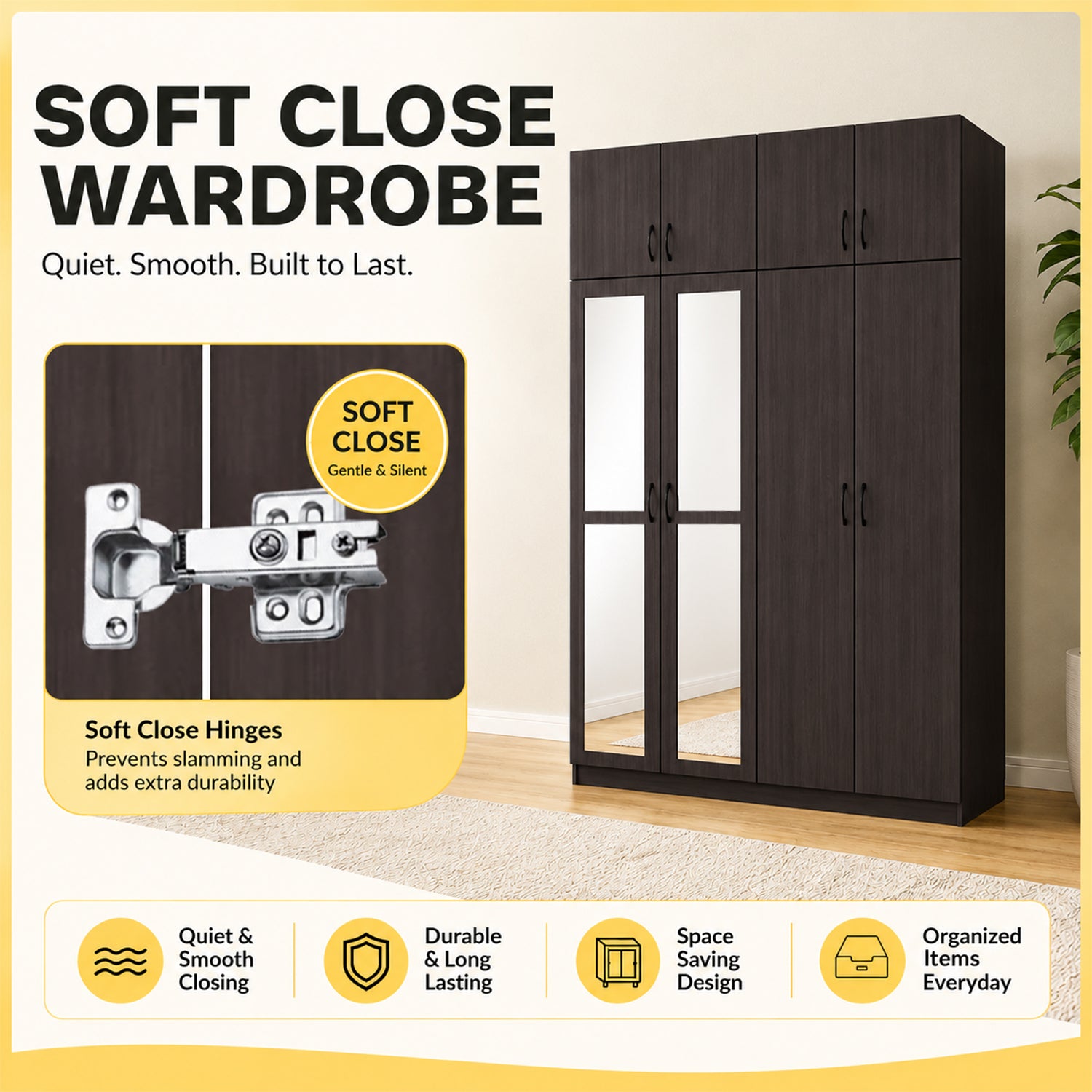 Merel 4-Doors Wardrobe CARB-P2 Certified Board with Internal Drawers and Top Cabinet