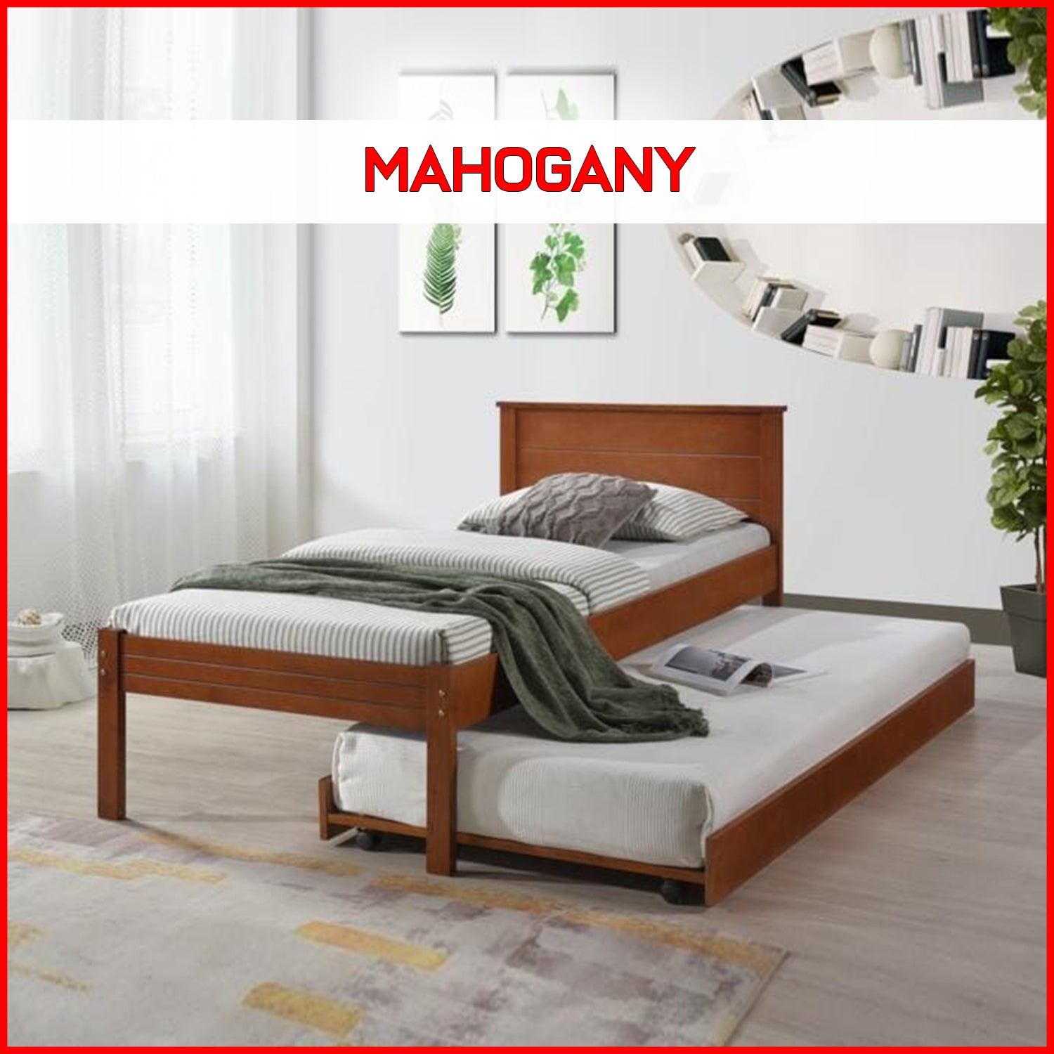 Fisla Solid Rubberwood Bed Frame Flat Plywood Base with Pull-out Bed in Single Mahogany Color w/ Mattress Option