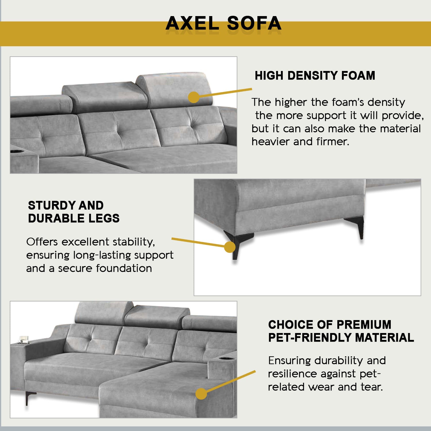 Axel 3 Seater Left and Right L-Shaped Sofa in 47 Colour - w/ PetFriendly Fabric/Leather
