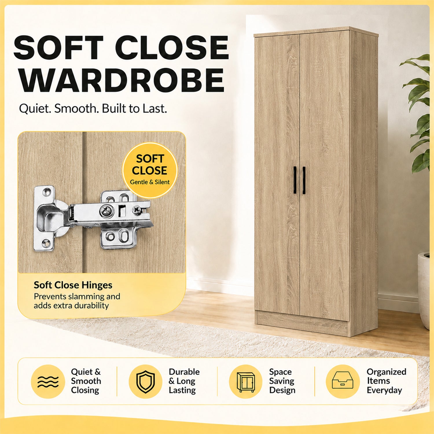 Percy Premium 3 Feet 3 Doors Wardrobe CARB-P2 Certified Laminated Back Panel - Free Install