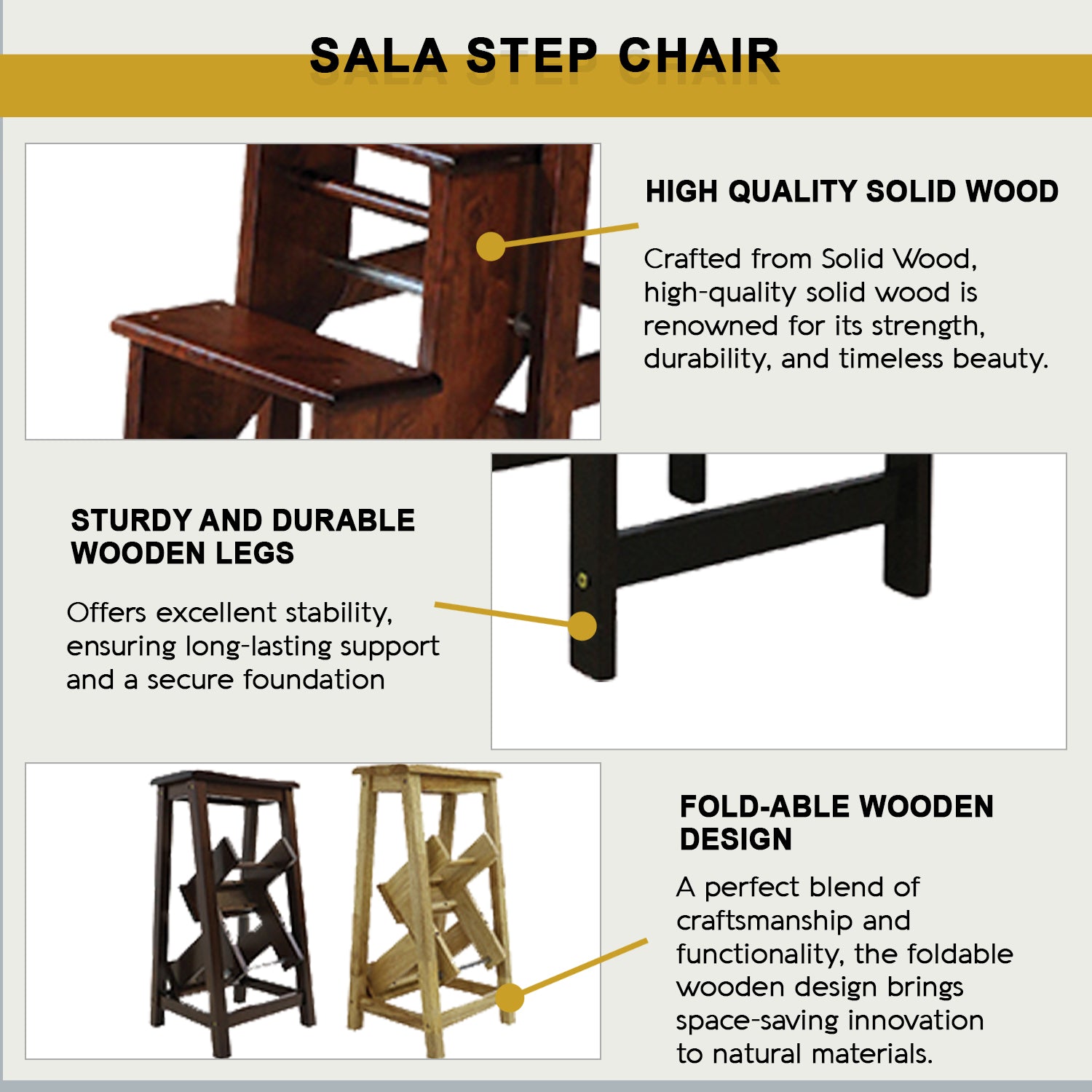 Sala Modern Solid Wood Step Chair N-Step Chair / Foldable Step Stool in 3 Models