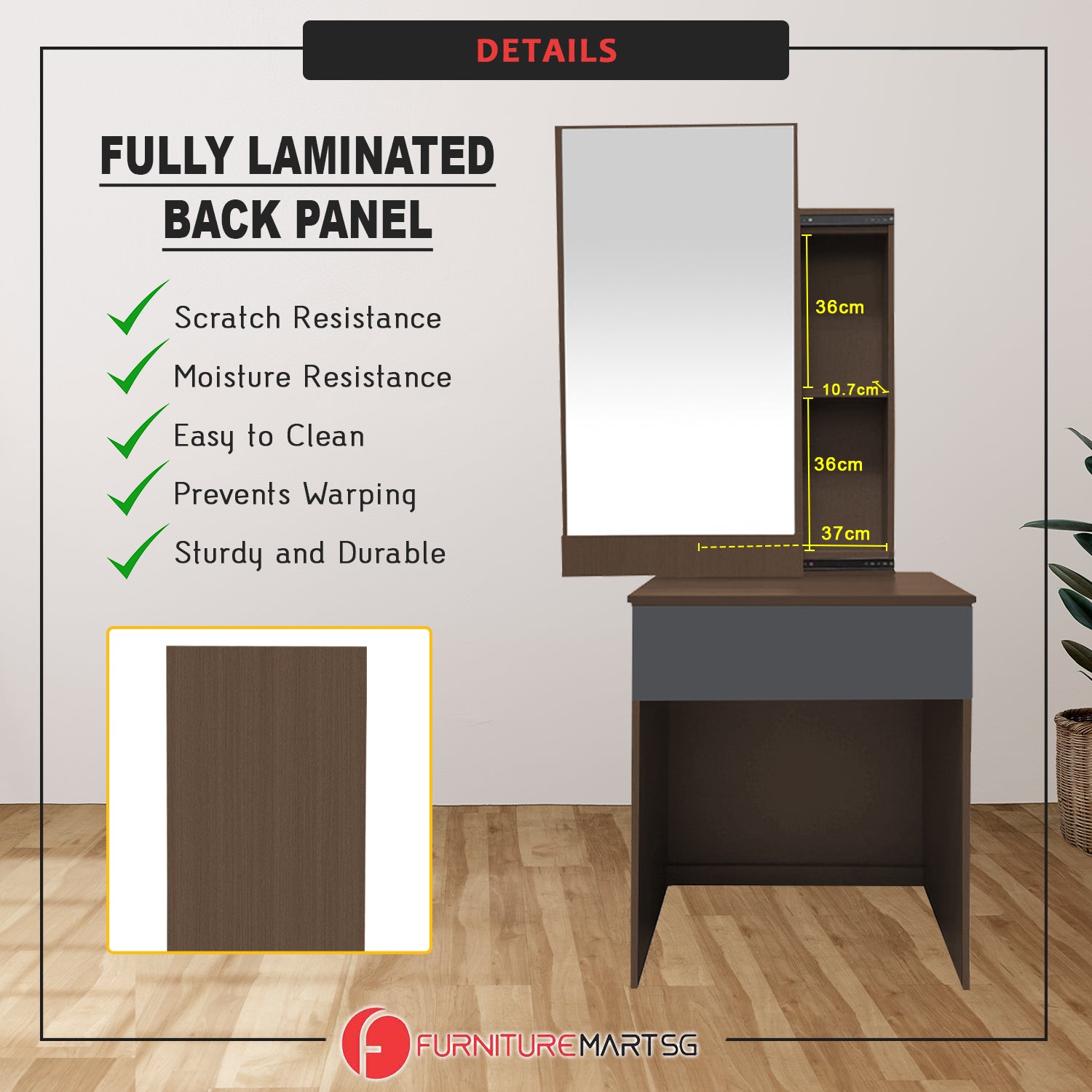 Ritch Dressing Table With Free Stool Laminated Smooth Gliding Drawer In 6 Colours