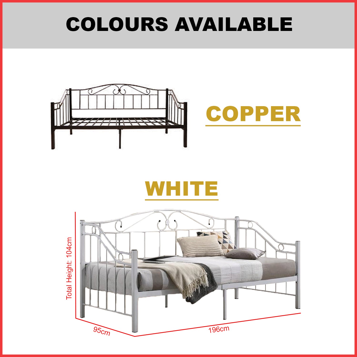 Ginny Single Metal Daybed Bed Frame Copper or White Colour - w/ Mattress Option