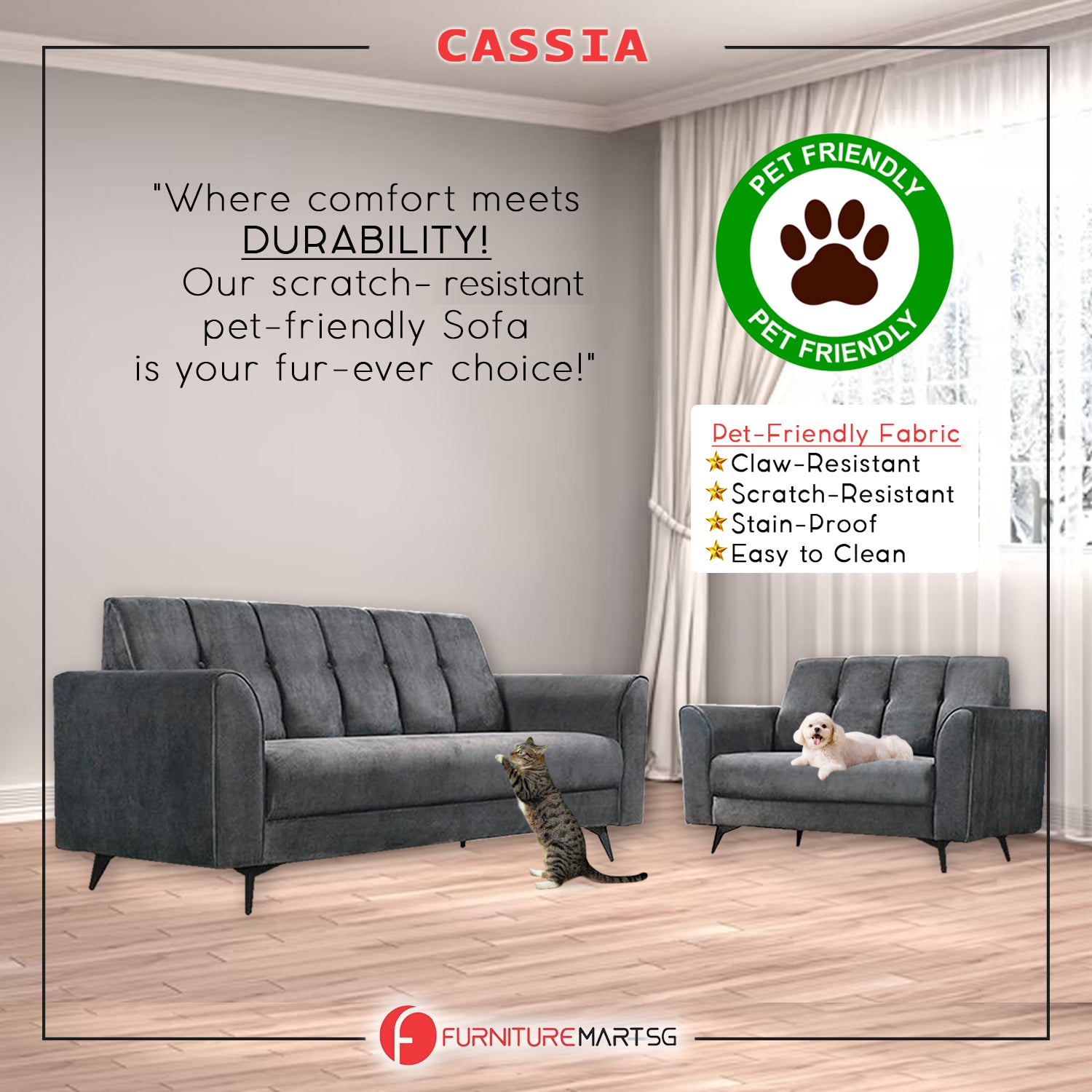 Cassia Pet Friendly 2-Seaters/3-Seaters Sofa Set in 16 Colour Available