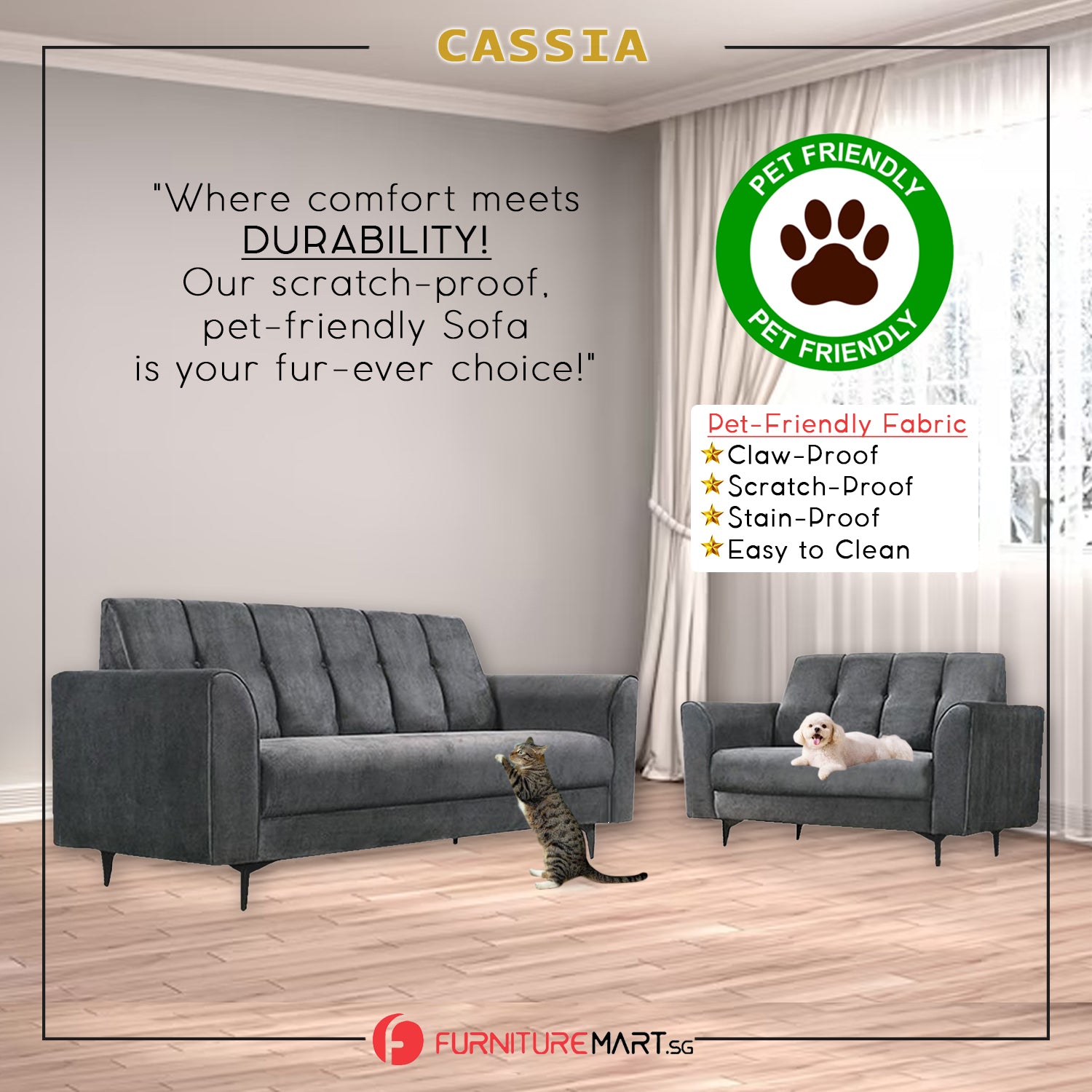 Cassia Pet Friendly 2-Seaters/3-Seaters Sofa Set in 16 Colour Available