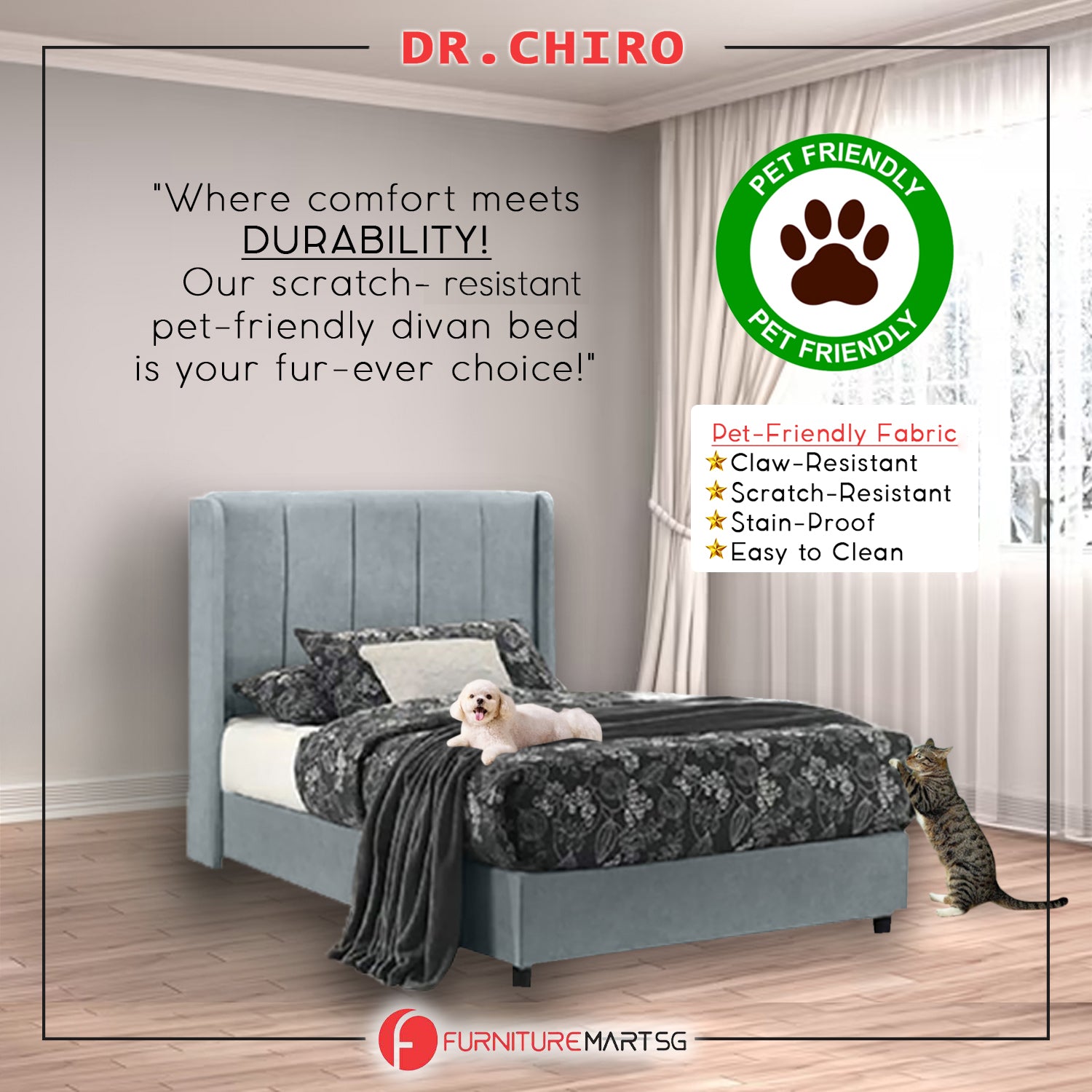 OrthoCoil Elsa Divan Bedframe Pet-Friendly Fabric With Mattress Add-On Options - All Sizes Available