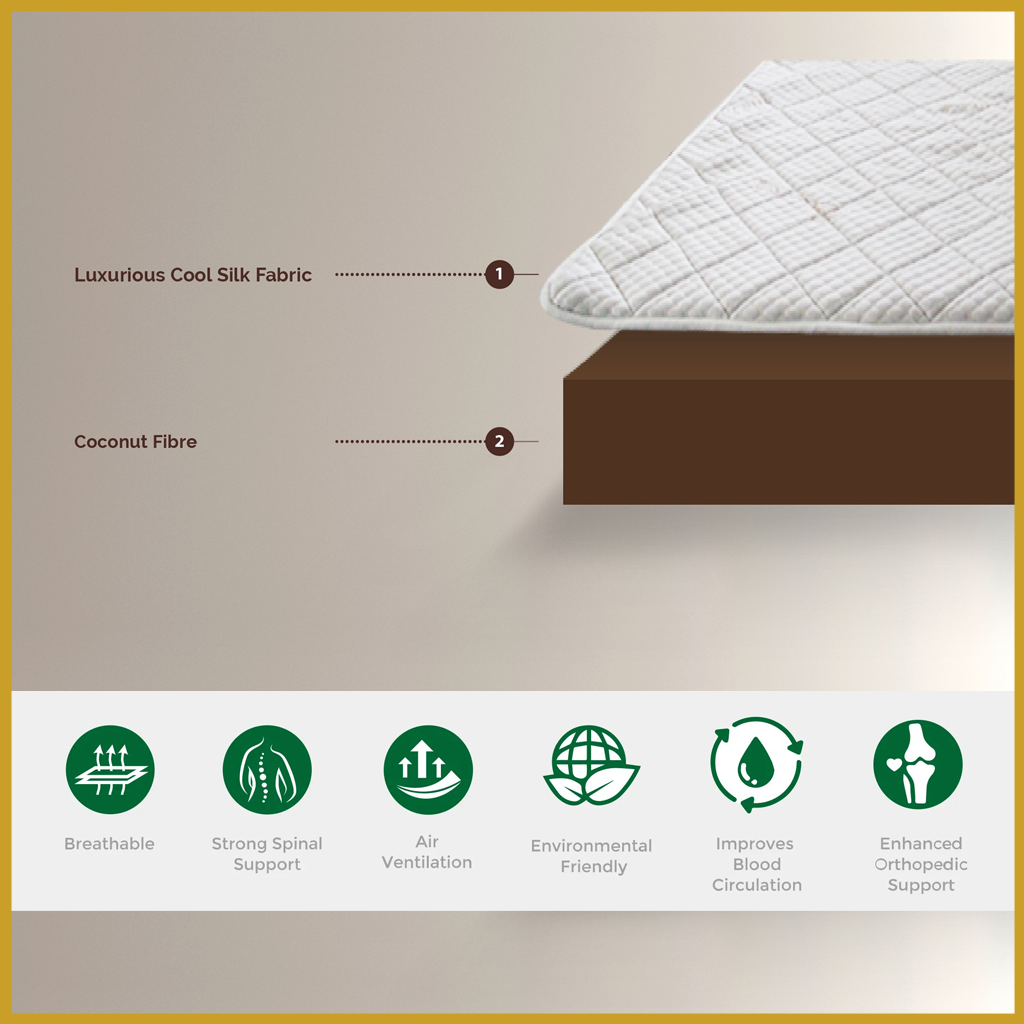 Honey Coconut Fibre Mattress Topper 1" Cooling Silk Fabric - All Sizes Available