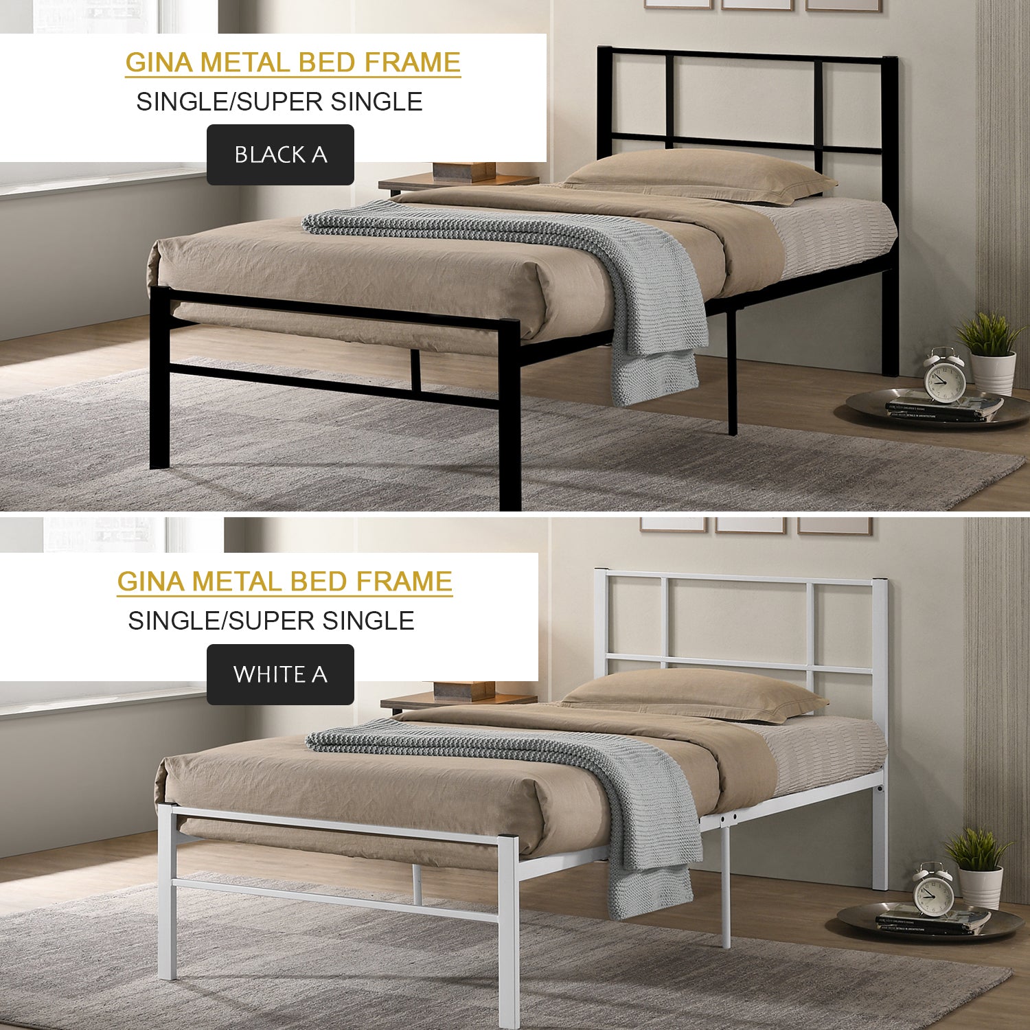 Gina Metal Bed Frame in White And Black Colors - All Sizes Available