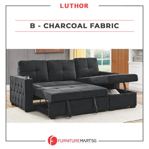 Image of Luthor Left-Right Reversible Sleeper Corner Sofa in Fabric Grey & Charcoal