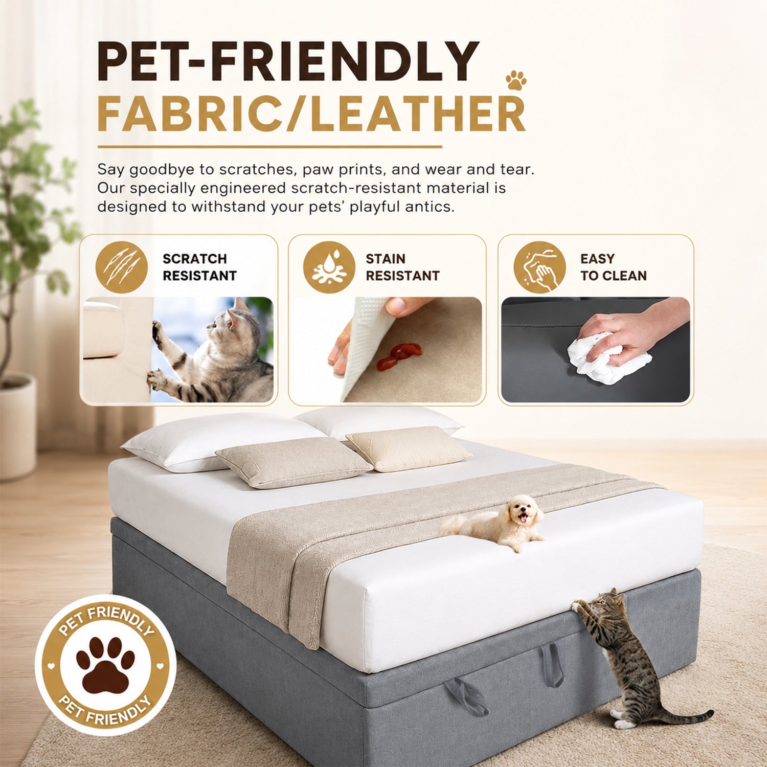 Dulce Side Drawer Storage Bed Frame PetFriendly Scratch Resistant Queen/King w/ Mattress
