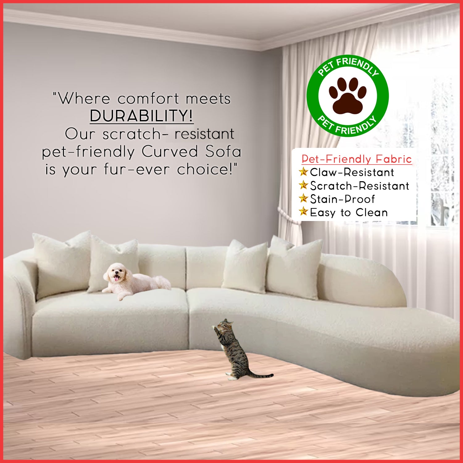 Perla Series Curved Shaped Sofa In Pet Friendly Scratch And Water Proof Fabric/Leather