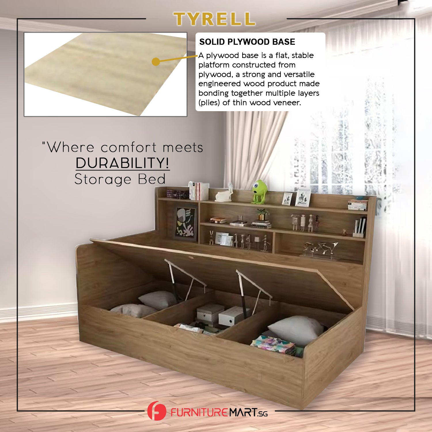 Tyrell Storage Bed / Fully Laminated Eco Board in 4 Colour - w/ Mattress Option