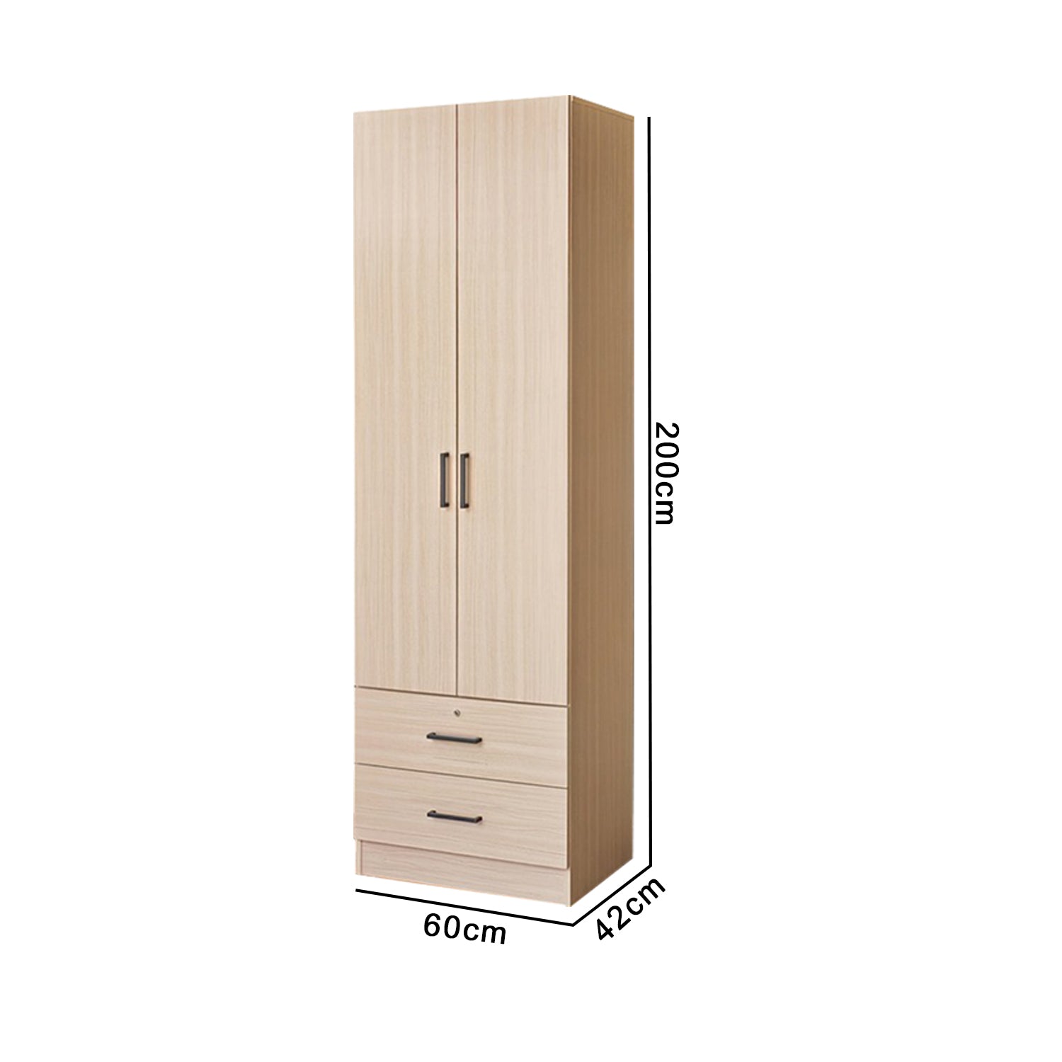 Kafka Series 2 Door Soft Closing Wardrobe Fully Laminated Back Panel in 6 Colours