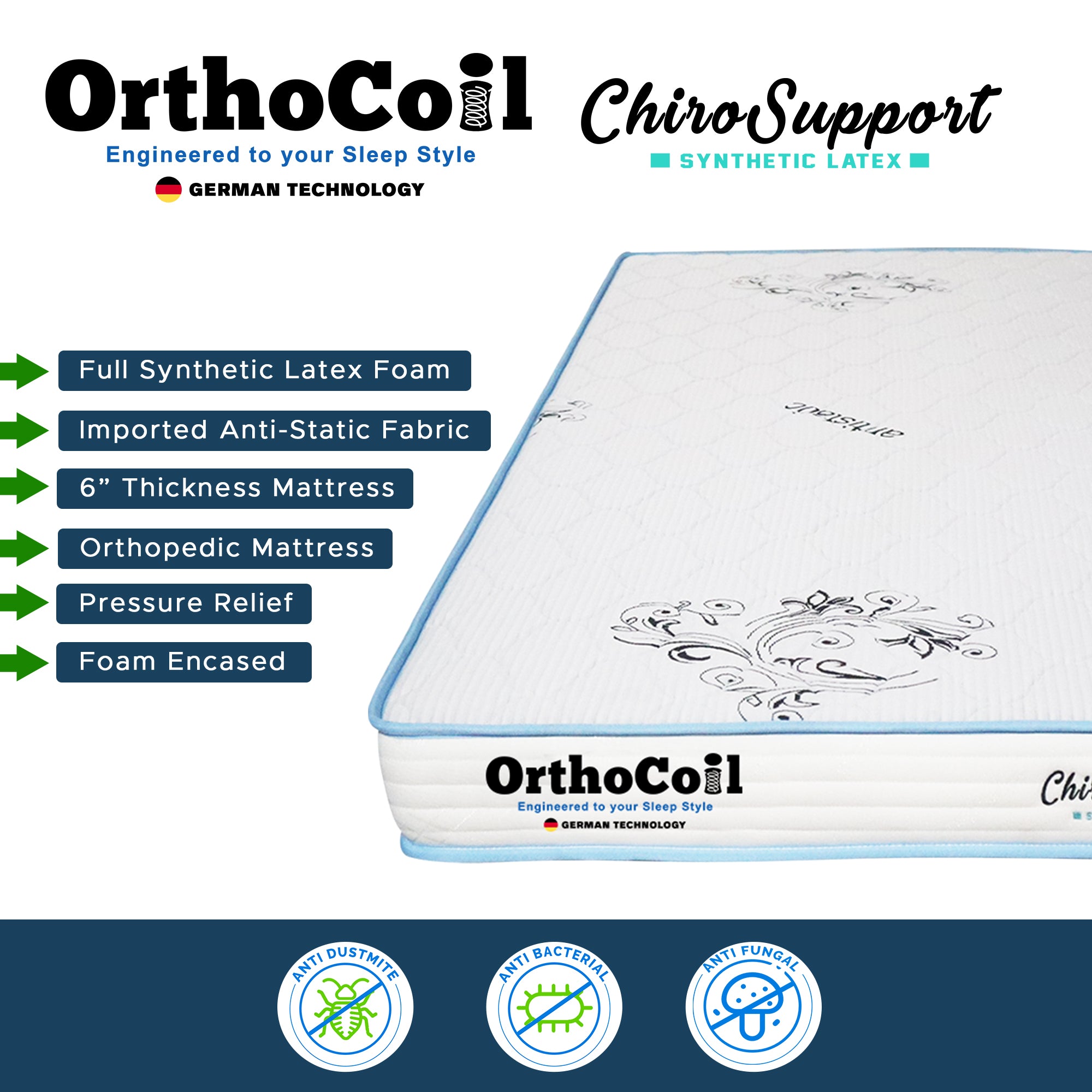 ORTHOCOIL CHIRO SUPPORT 6" Mattress - Full Synthetic Latex w/ Anti-Static Fabric