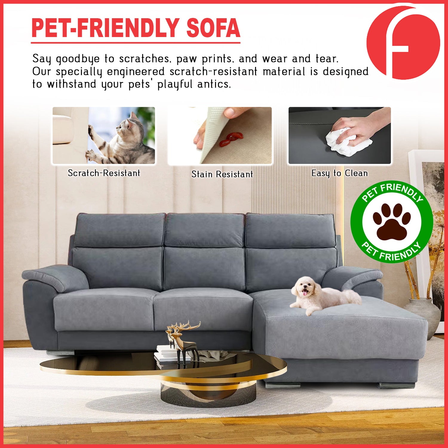 Becca 3-Seater L-Shaped Sofa with Chaise PetFriendly Fabric Scratch-Resistant