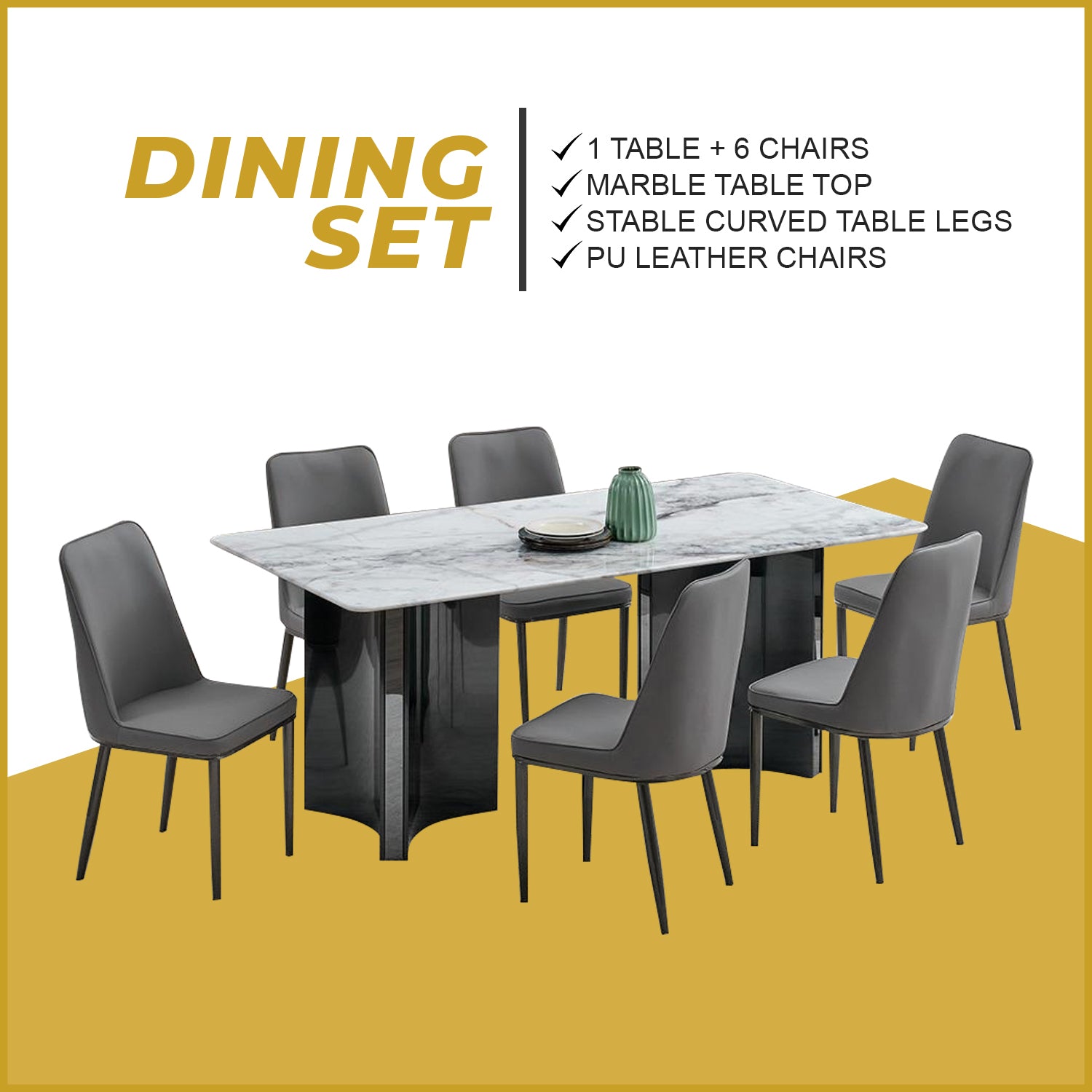 Lyron 1+6 Dining Set Marble Table with PU Leather Chair