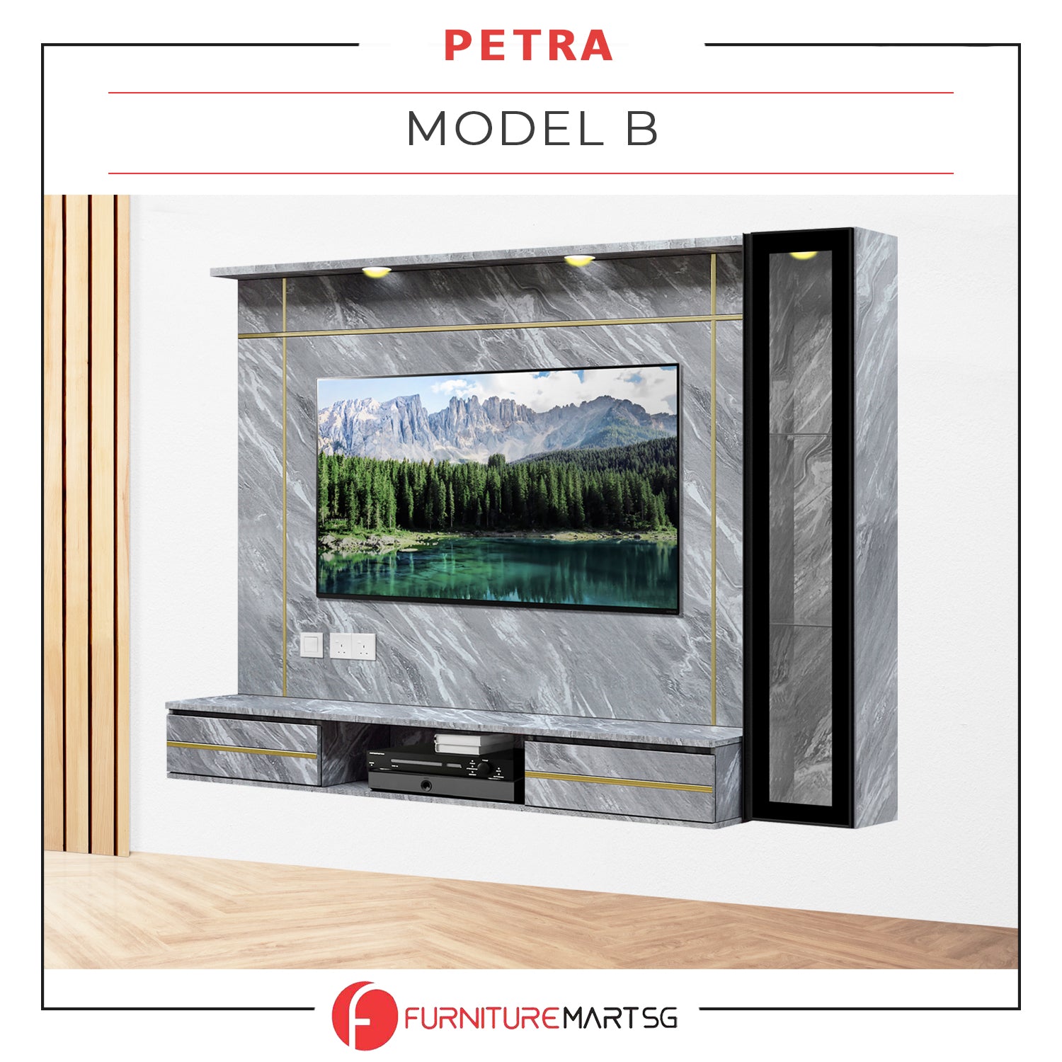 Petra Series Wall Mount TV Console Marble Finish with Light and Built-in Socket in 3 Models