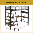 Frances A Single Metal Loft Bed Frame with Built-in Table and Shelves - w/ Mattress Option