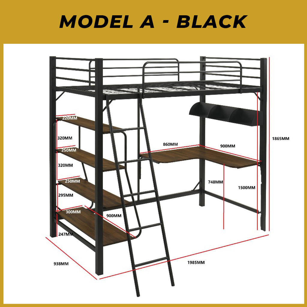 Frances A Single Metal Loft Bed Frame with Built-in Table and Shelves - w/ Mattress Option