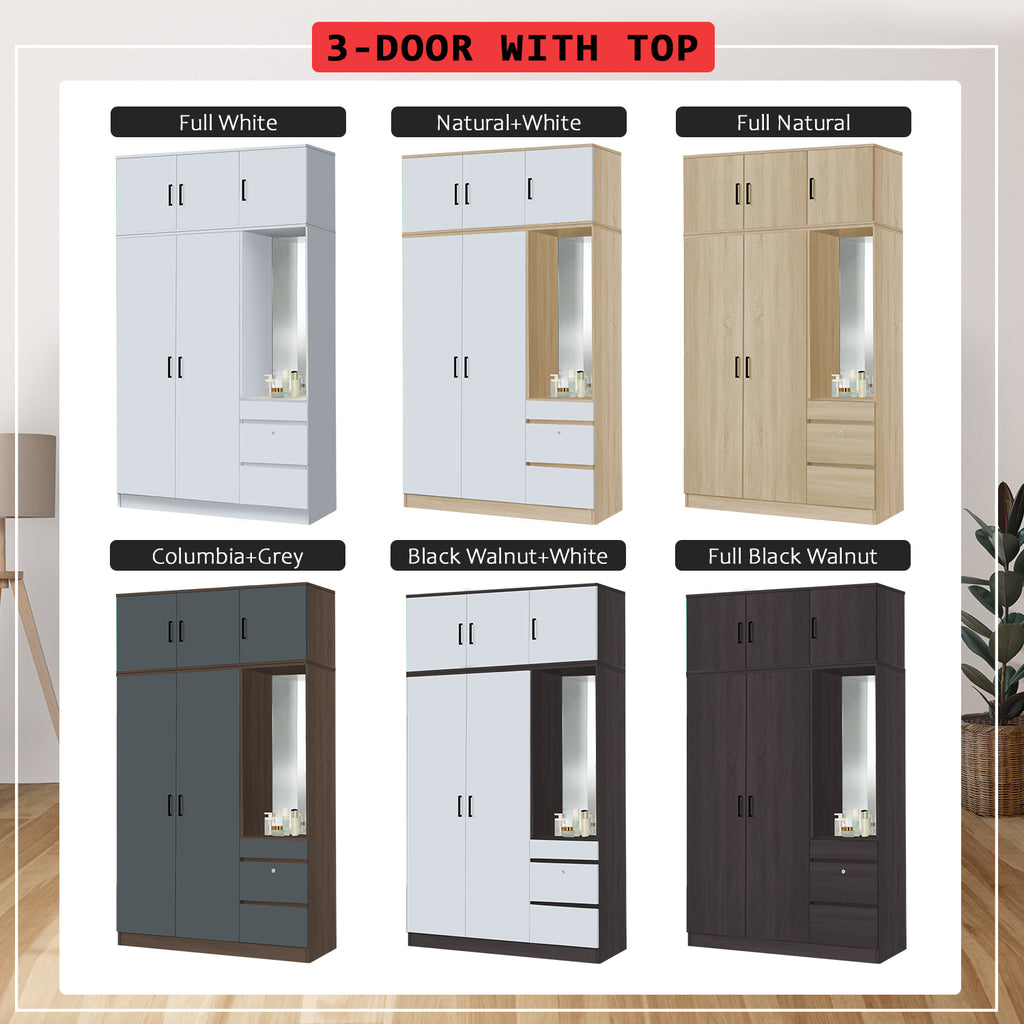 Sabine 3-Door Wardrobe Dresser with Top Combo with Mirror and Drawers in 6 Colours