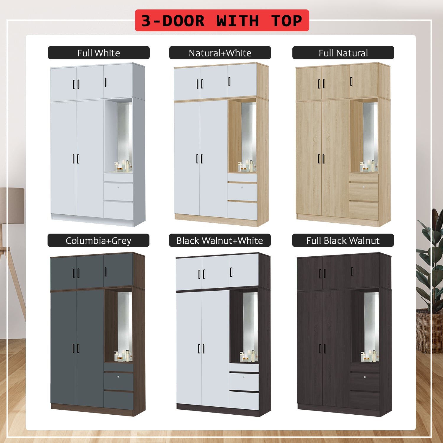 Sabine 3-Door Wardrobe Dresser with Top Combo with Mirror and Drawers in 6 Colours