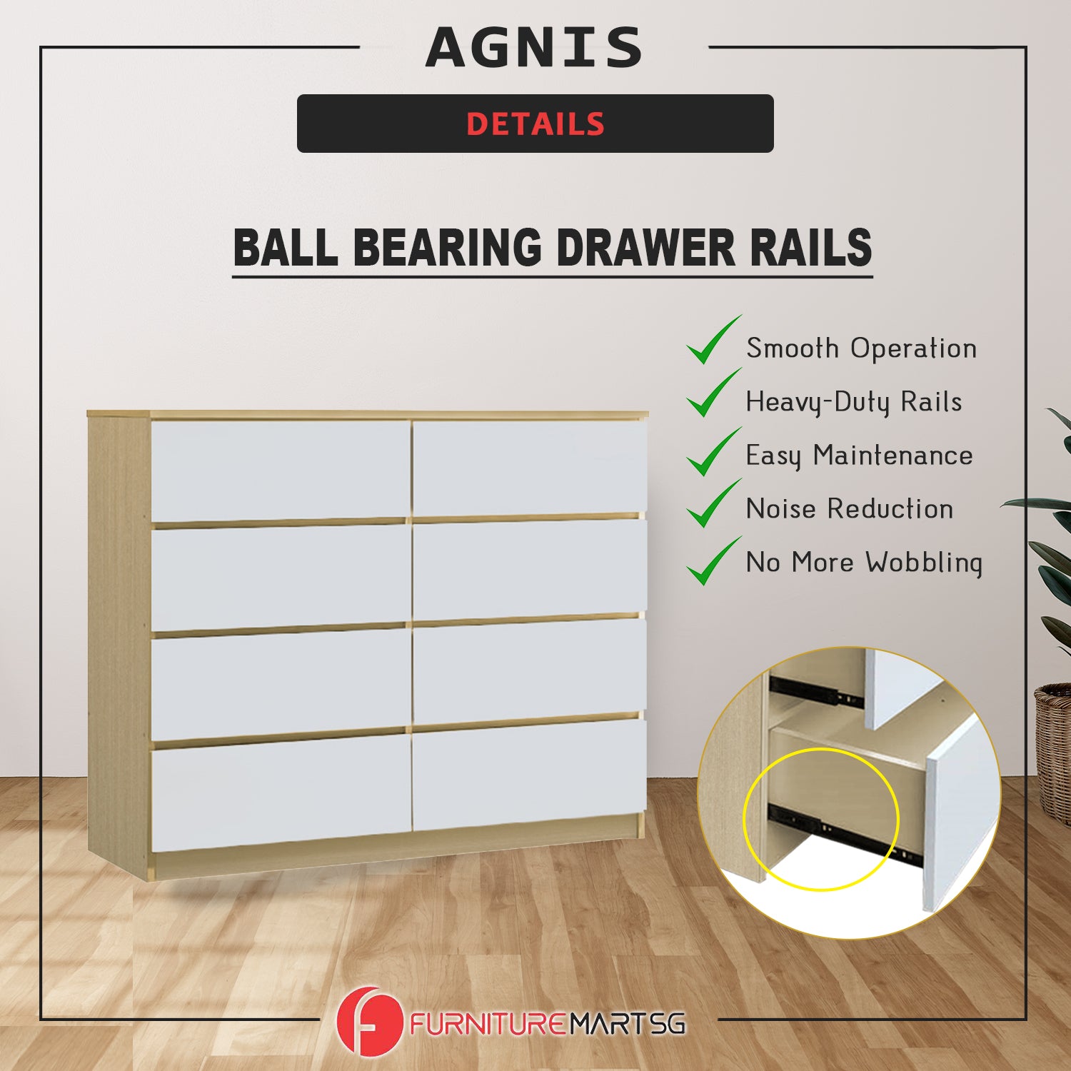 Agnis 8 Drawers Premium Chest of Drawers Full Laminated Back Panel in 6 Colours