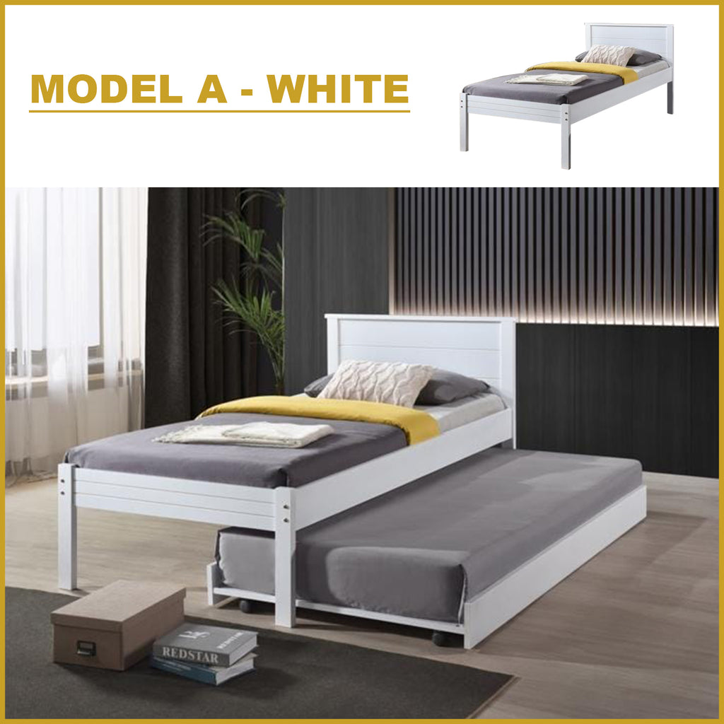 Isla Solid Rubberwood Bed Frame Flat Plywood Base with Pull-out Bed in Single White Color w/ Mattress Option