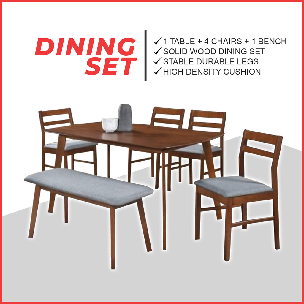 PAULA Solid Wood Dining Set Table with Chair and Bench - Available in White Wash and Walnut Colour