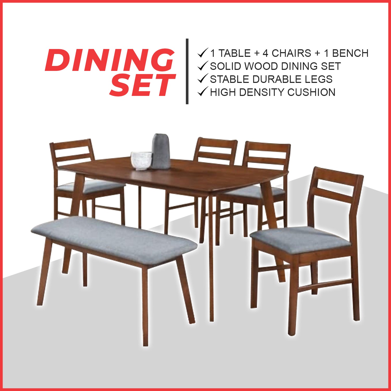 PAULA Solid Wood Dining Set Table with Chair and Bench - Available in White Wash and Walnut Colour
