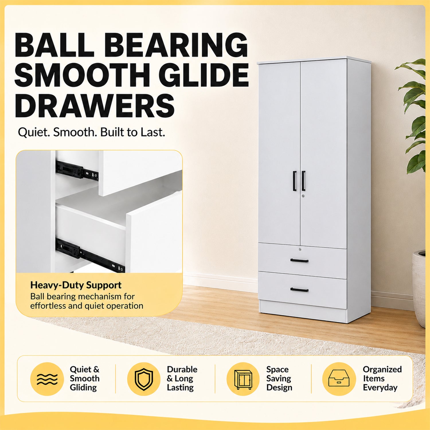 Moira CARB-P2 Certified Board 2-5 Doors  Scratch-Resist Wardrobe w/ Drawers White Colour