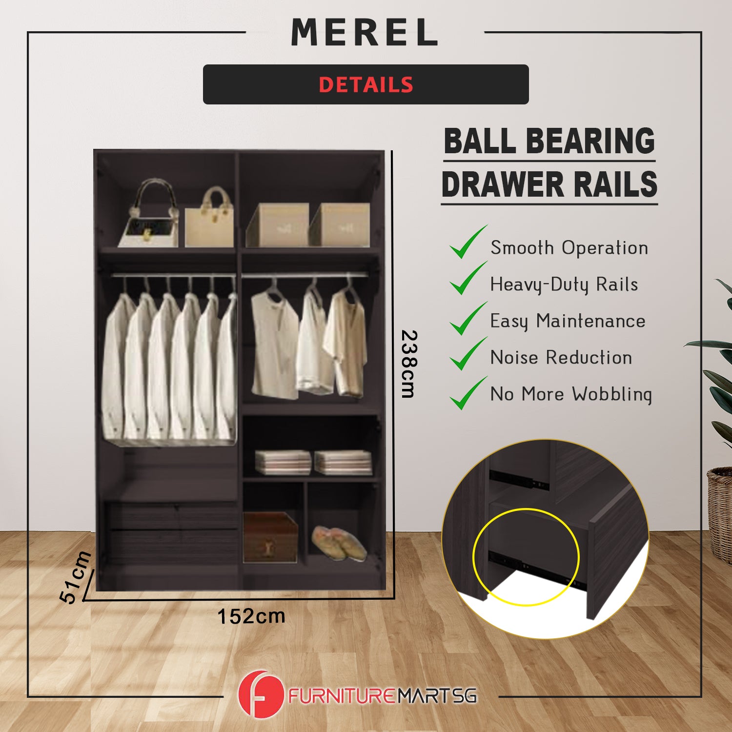 Merel 4-Doors Wardrobe with Internal Drawers and Top Cabinet in 3 Colours