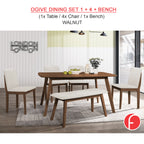 OGIVE 1+4 Dining Set Table with Chair & Bench Pet-Friendly Fabric in Natural & Walnut Color