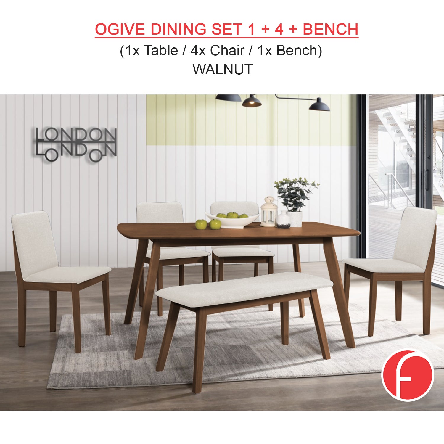 OGIVE 1+4 Dining Set Table with Chair & Bench Pet-Friendly Fabric in Natural & Walnut Color