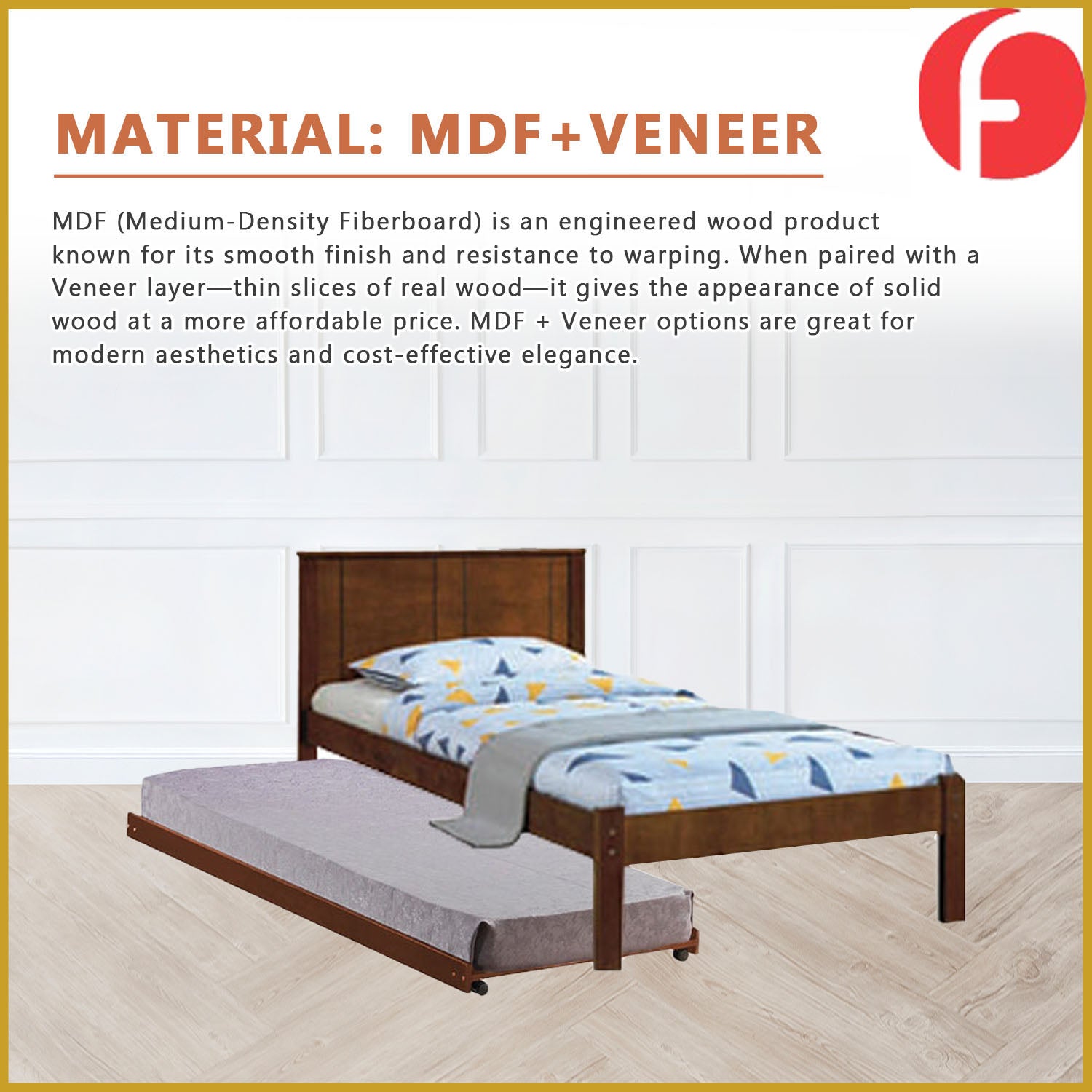 Ethan Single Pull-Out Bedframe MDF + Veneer Solid Wood Slatted Base  - w/ Mattress Option