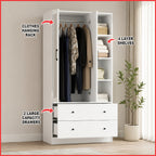 MIORI 2-Door Wooden Wardrobe Modern Clothes Cabinet with Hanging Rod, Drawer & Open Shelf