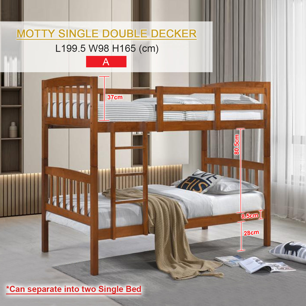 MOTTY Wooden Double Decker Bunk Bed In Oak And White Color. Convertible Into 2 Single Beds