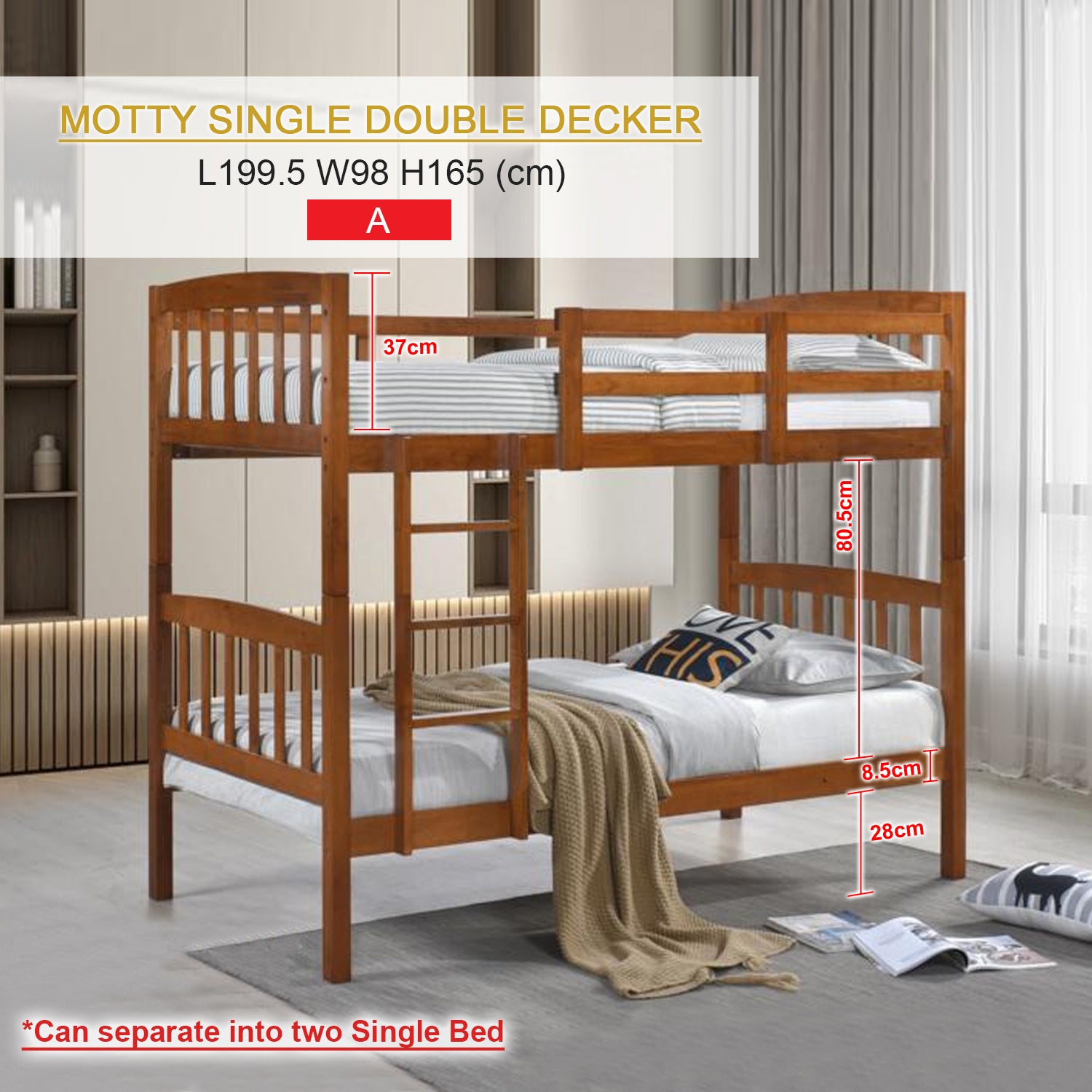 MOTTY Wooden Double Decker Bunk Bed In Oak And White Color. Convertible Into 2 Single Beds