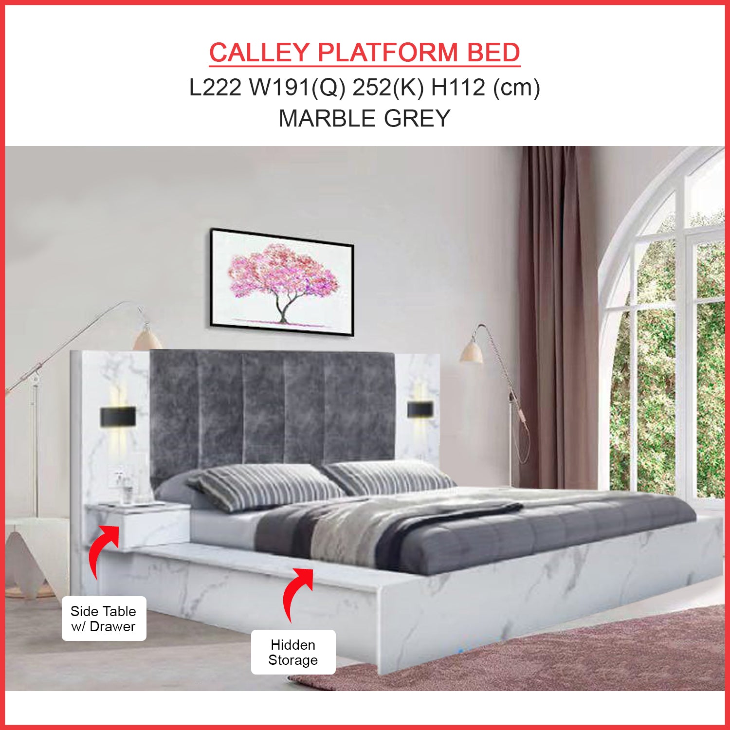 Calley Queen/King Size Platform Bed Frame with Side Table w/ Drawers & Hidden Storage