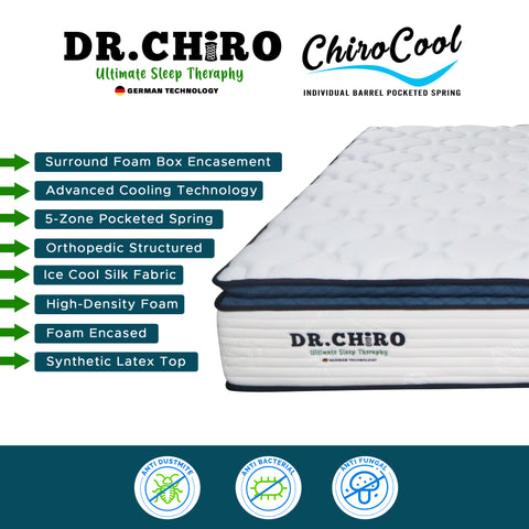 Image of DR Chiro CHIRO COOL 12" 5-Zone Pocketed Spring Mattress - Synthetic Latex and Ice Silk Cooling Fabric