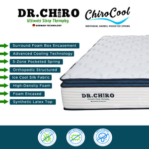 DR Chiro CHIRO COOL 12" 5-Zone Pocketed Spring Mattress - Synthetic Latex and Ice Silk Cooling Fabric