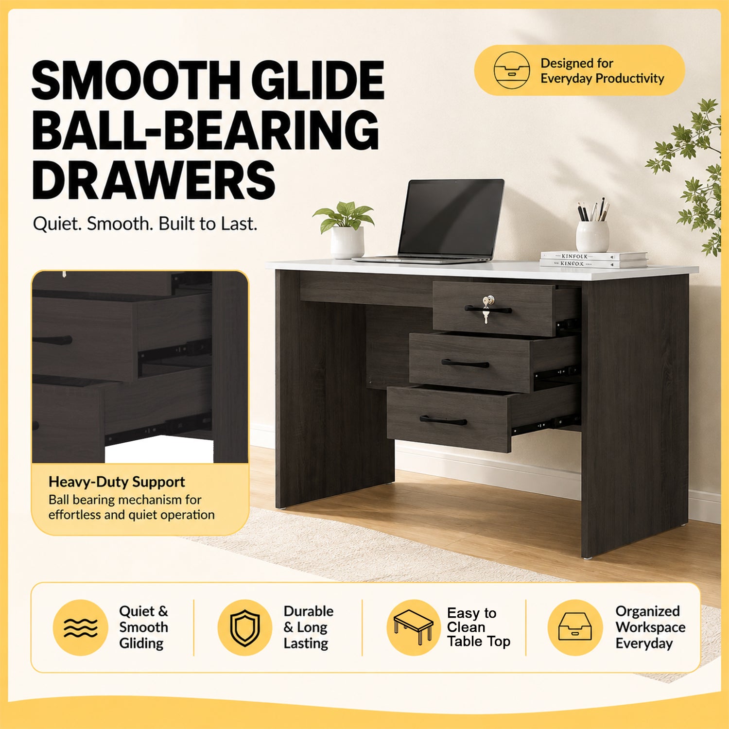 Derek Study Computer Office Table Carb-P2 Certified with Drawer w/ Lock in 4 Colours