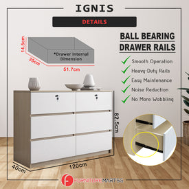 Ignis 6 Drawers Premium Chest of Drawers Full Laminated Back Panel in 6 Colours