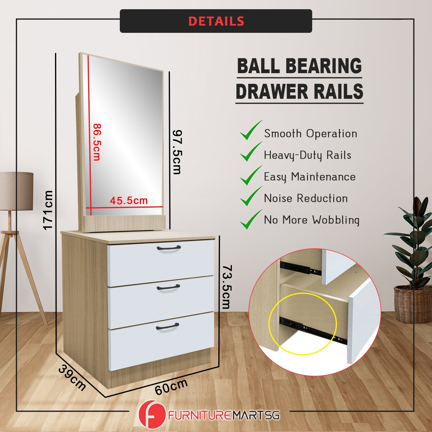 Pratio Dressing Table With Free Stool Laminated Smooth Gliding Drawer In 6 Colours