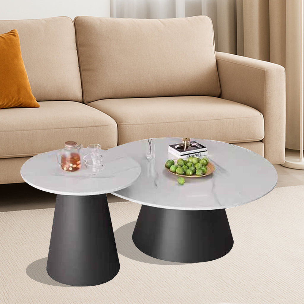 Onnyx 2-Piece Center Coffee Table Heat Resistant Glossy Ceramic Top with Steel Base Legs