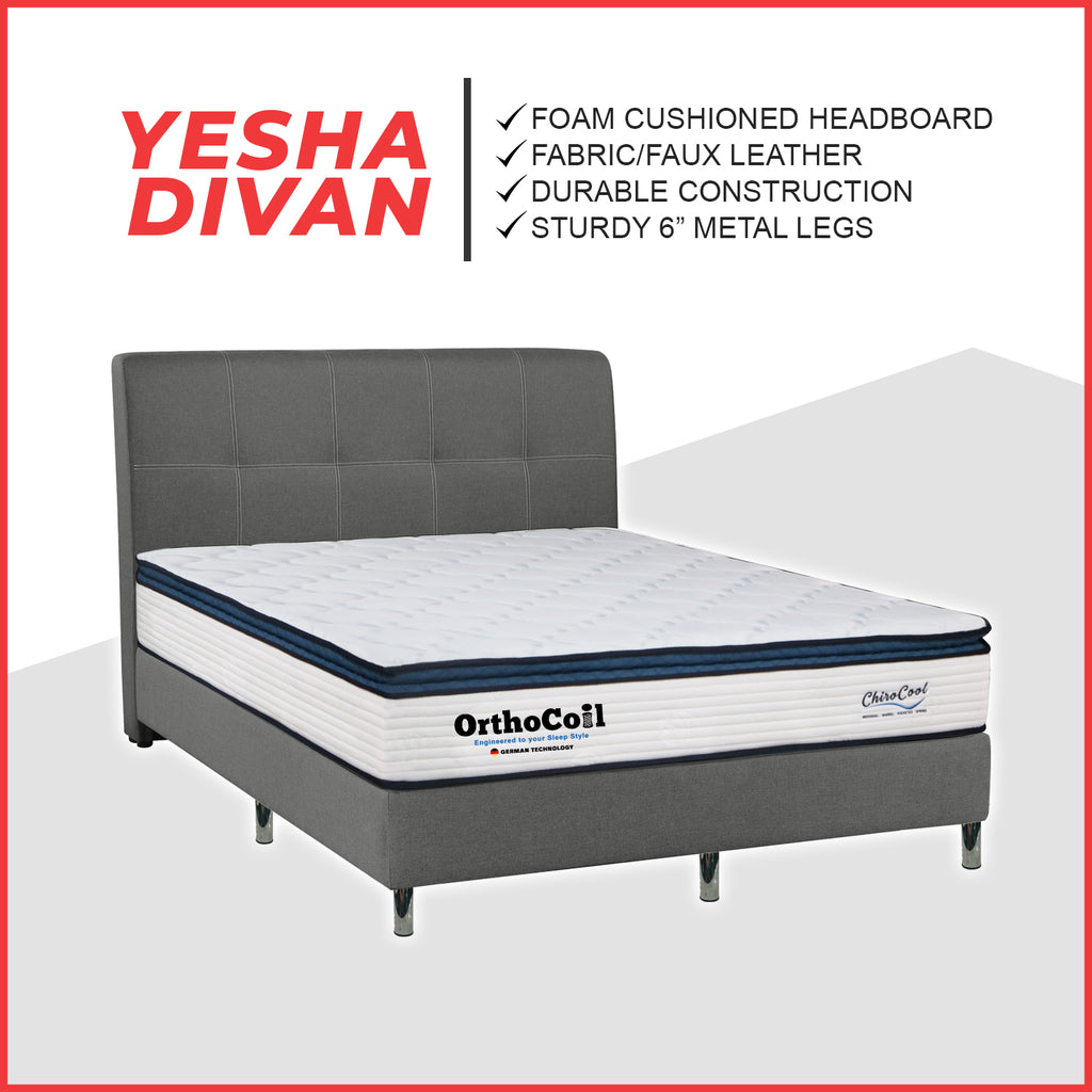 OrthoCoil Yesha Divan Bed Fabric/Faux Leather in 3 Colours All Sizes Available - With Mattress Add-On