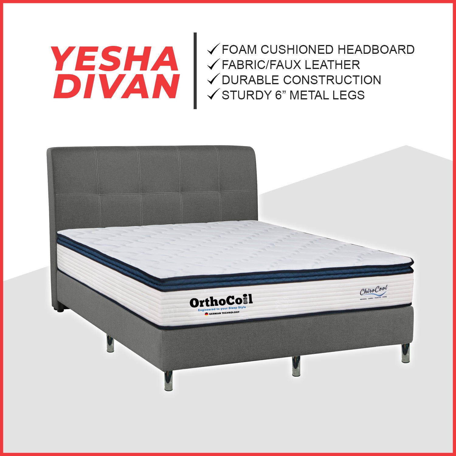 OrthoCoil Yesha Divan Bed Fabric/Faux Leather in 3 Colours All Sizes Available - With Mattress Add-On