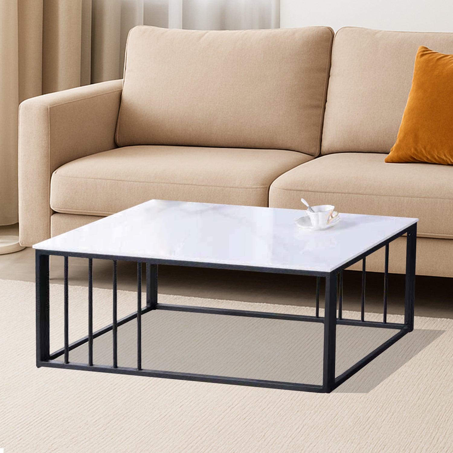 Ozias Center Coffee Table Heat Resistant Glossy Ceramic Top with Steel Legs