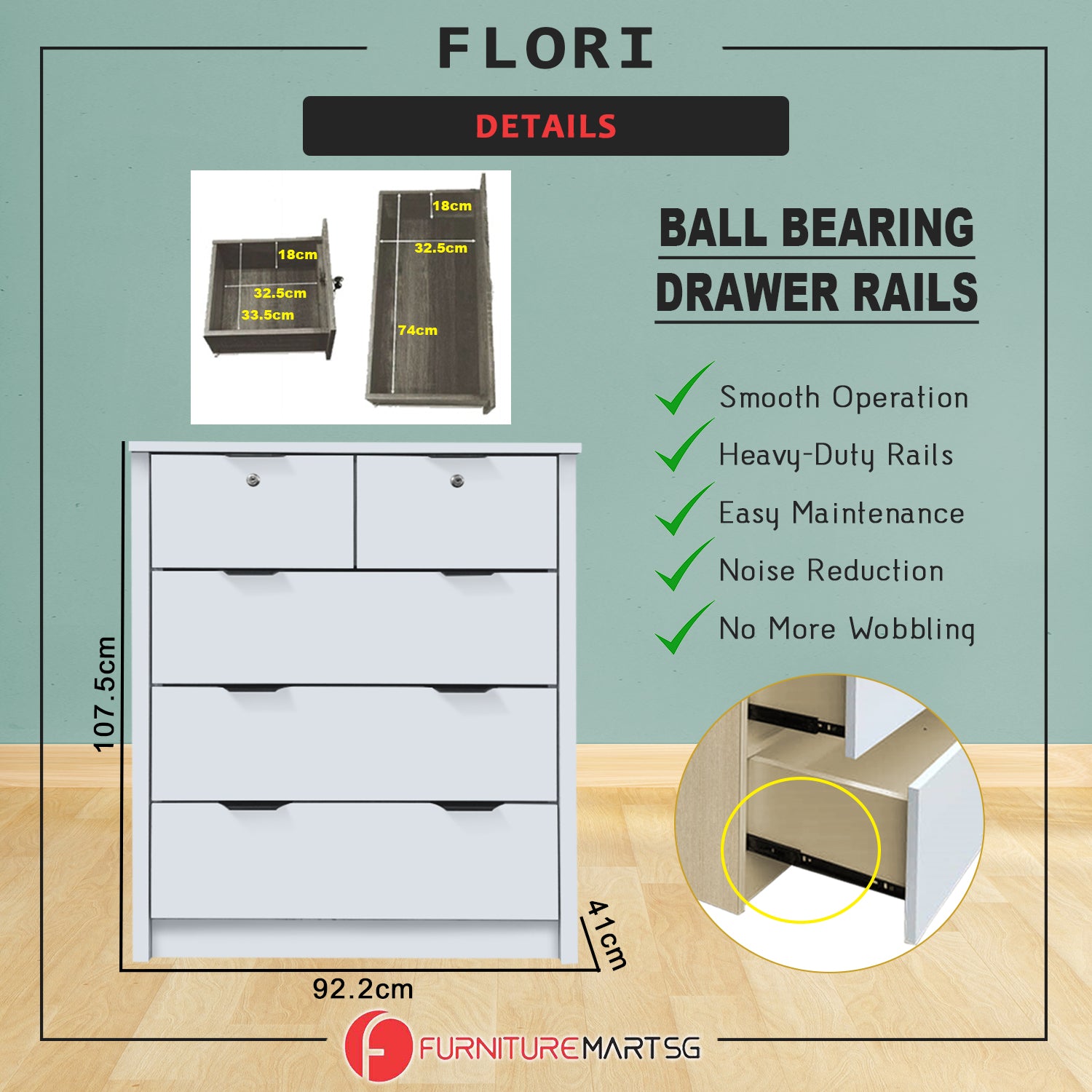 Flori 5-Drawers Premium Chest of Drawers Full Laminated Back Panel in 6 Colours