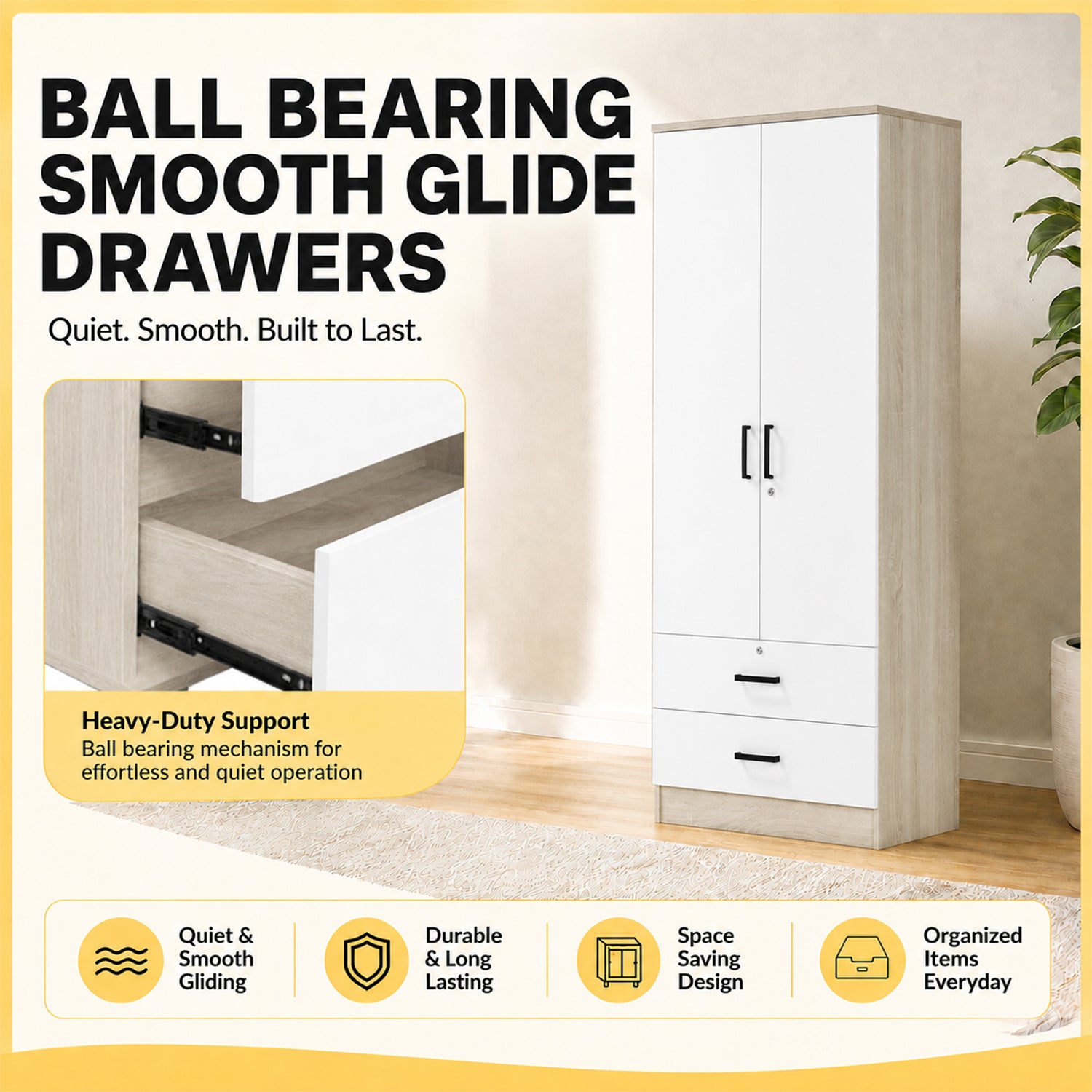 Poland Series CARB-P2 Certified Board 4 Door Tall Wardrobe with Top Cabinet in Ivory & White Colour